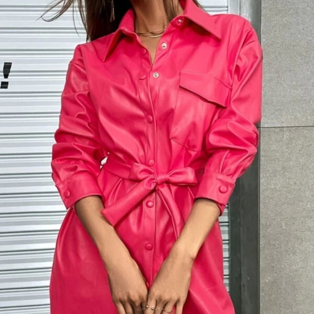 Faux leather belted button down long sleeve Mini Dress Hot pink - Picture 4 of 7